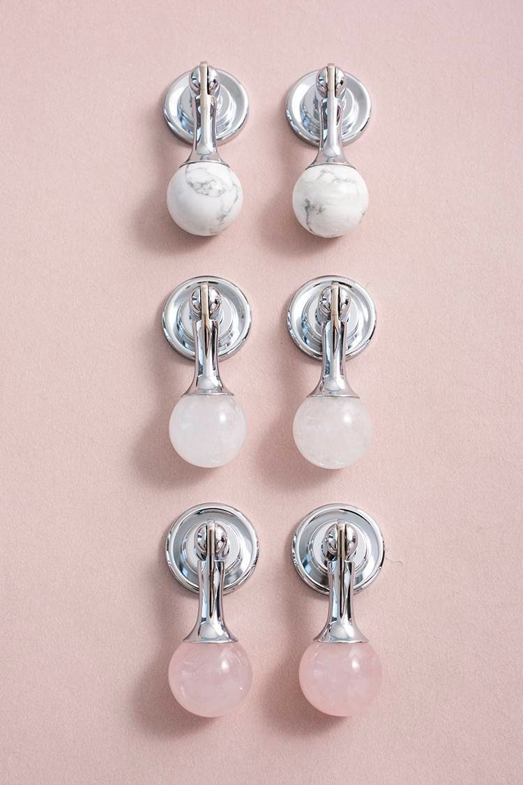 Silver stone ball drop handle in rose quartz, white quartz and marble/Gemstone drawer pull/Semi precious stone cabinet pull/Crystal handle