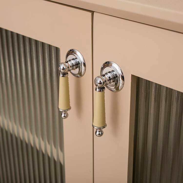 Neutral colour leather and silver drop drawer handle/Silver brown and cream leather drop cabinet pull/Chrome drop handle wrapped in leather