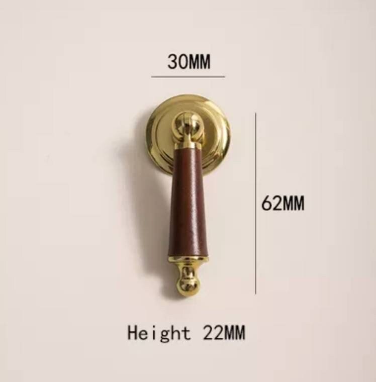 Neutral colour leather and shiny gold drop handle/Brass brown, tan and cream leather drop cabinet pull/Gold drop handle wrapped in leather