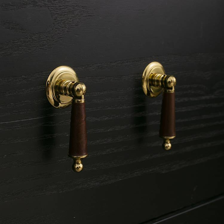 Neutral colour leather and shiny gold drop handle/Brass brown, tan and cream leather drop cabinet pull/Gold drop handle wrapped in leather