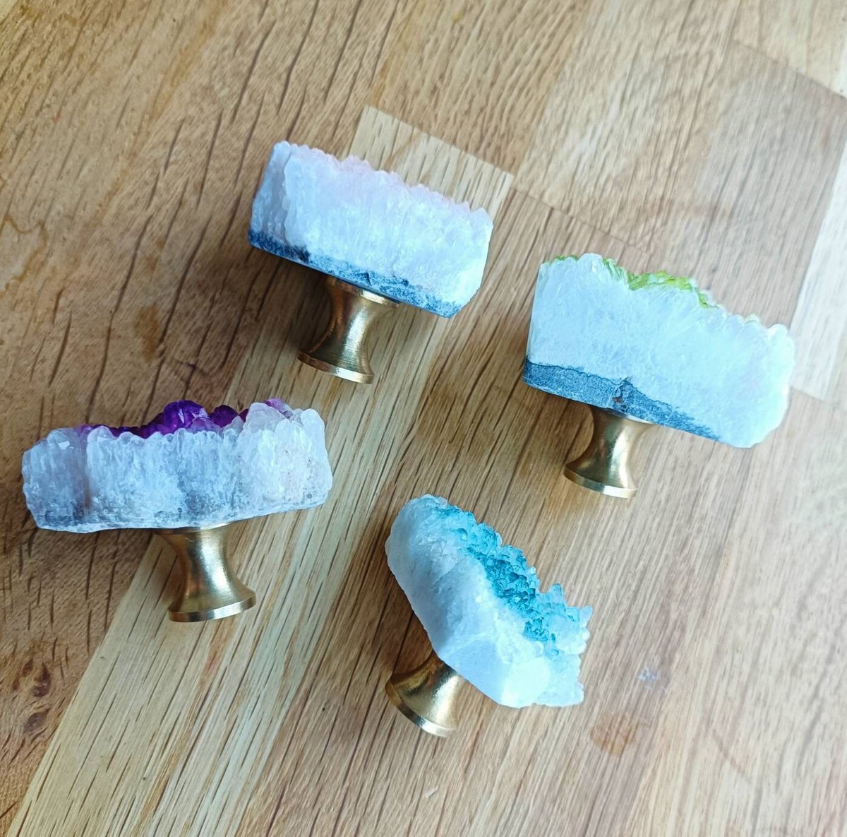 Dyed quartz crystal geode and brass cabinet handle/gemstone drawer handle/crystal door handle/raw semi precious stone door knob/rough quartz