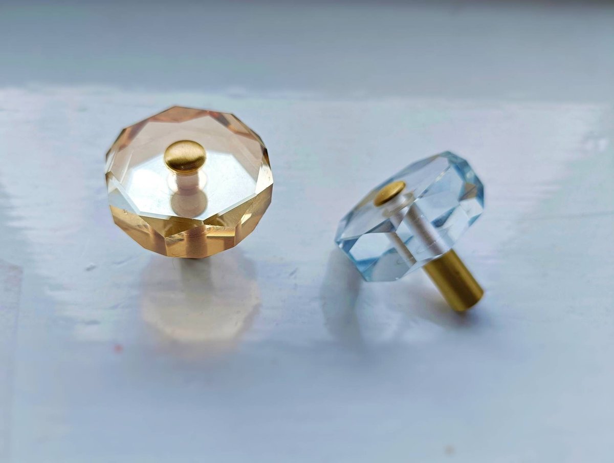 Geometric cut crystal and brass cabinet pull/Retro gold glazed crystal drawer knob/mid century modern style crystal door handle/Crystal knob