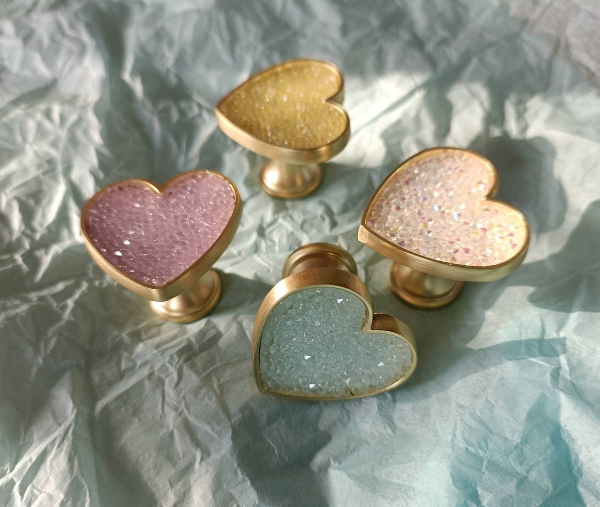Sweet glittery heart shaped drawer pull/Pastel coloured door handle/Nursery door knob/Girls bedroom cabinet handle/Crystal heart shaped knob