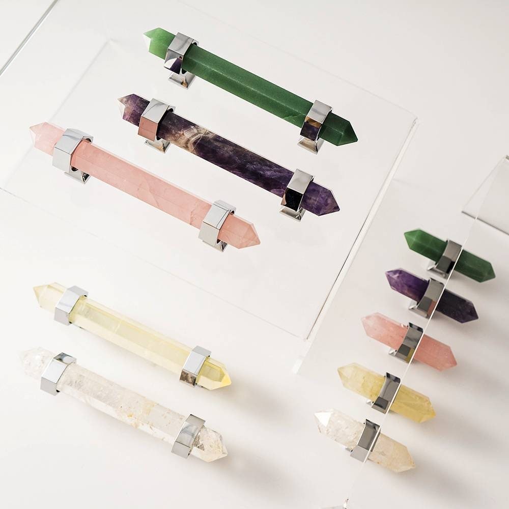 Luxury hexagonal semi precious stone cabinet bar handle with silver fixings/gemstone drawer pull/Crystal door handle/Amethyst Citrine Jade