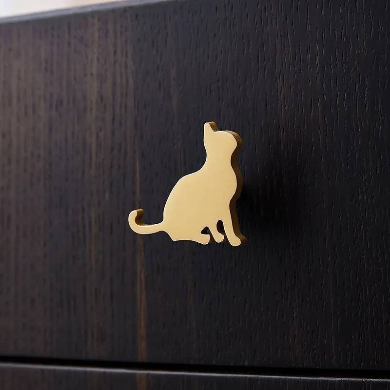Gold solid brass cat cabinet pull/Gold cat shaped door handle/Cat design drawer pull/Unique gold brass furniture hardware/Screw in handle