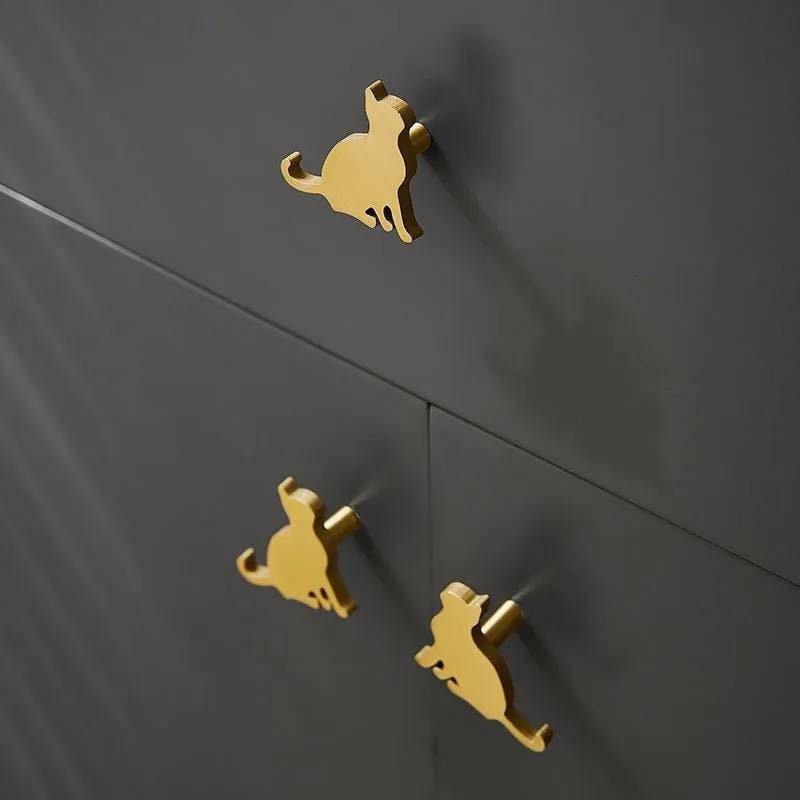 Gold solid brass cat cabinet pull/Gold cat shaped door handle/Cat design drawer pull/Unique gold brass furniture hardware/Screw in handle