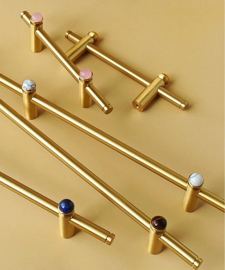 Gold brass and gemstone stud bar handle/Brass and stone drawer pull/Brass hardware for kitchen, bathroom or bedroom/Wardrobe door handle