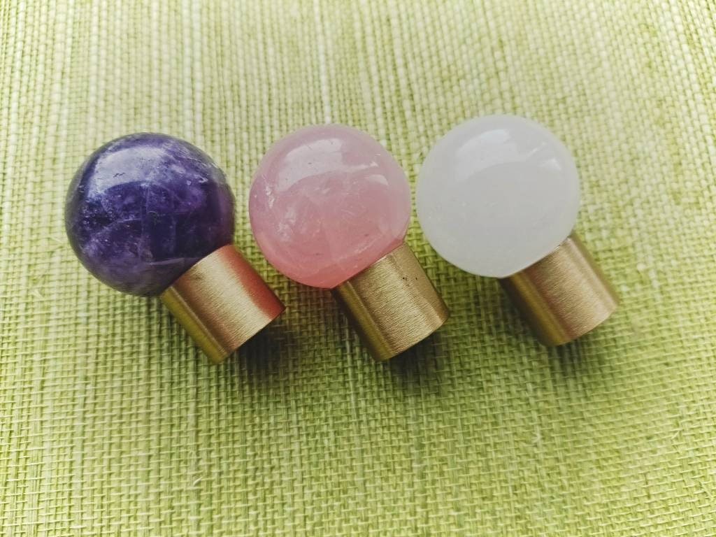 Polished pink, white or purple crystal ball drawer handle/Crystal and brass drawer pull/Gemstone door knob/polished stone cabinet handle