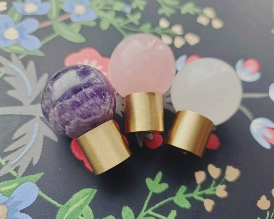 Polished pink, white or purple crystal ball drawer handle/Crystal and brass drawer pull/Gemstone door knob/polished stone cabinet handle