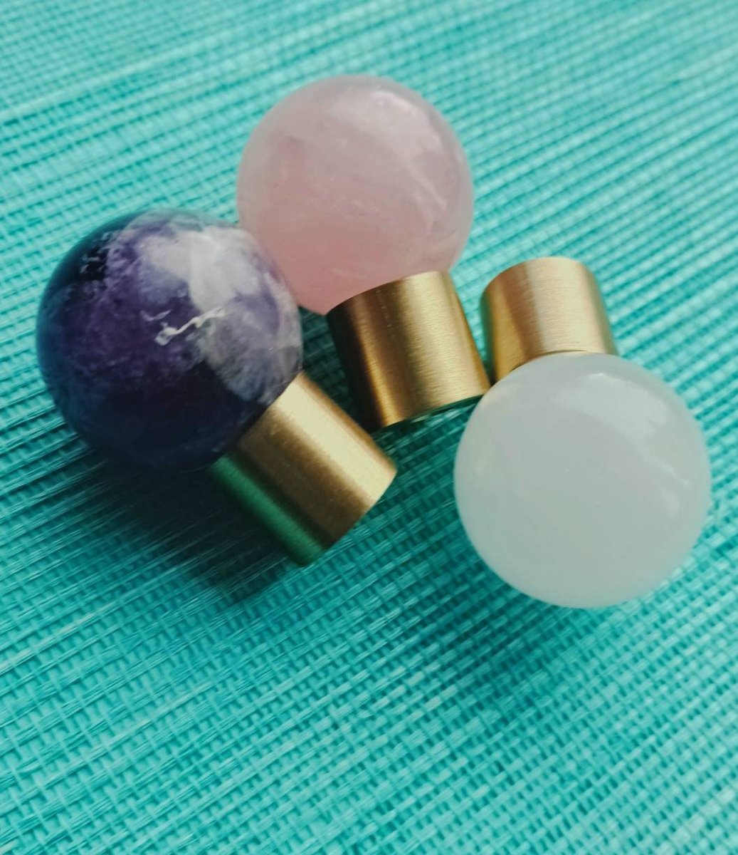 Polished pink, white or purple crystal ball drawer handle/Crystal and brass drawer pull/Gemstone door knob/polished stone cabinet handle