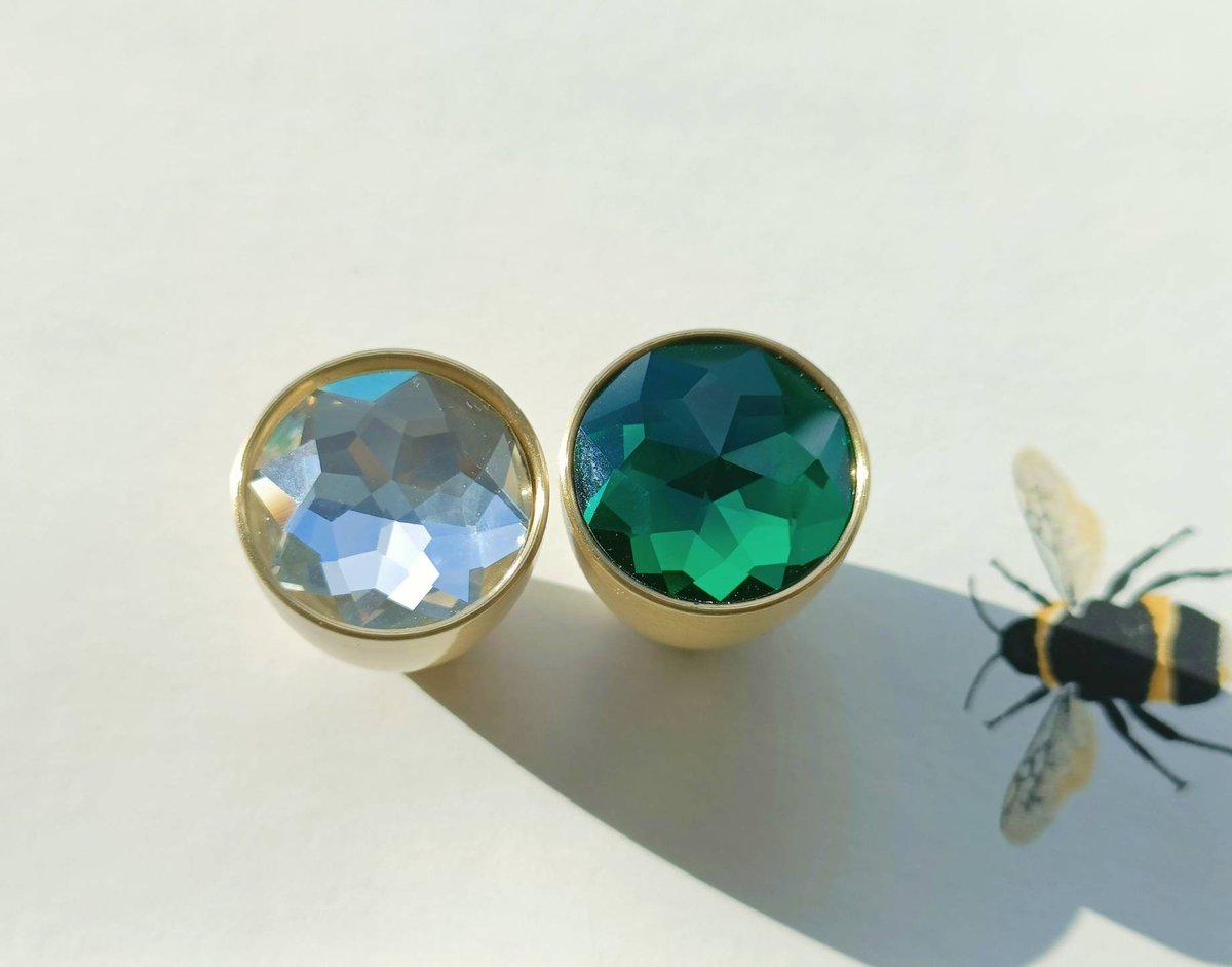 Sparkly green or clear glass crystal and brass cabinet pull/Glittery cone shape door handle/Small crystal drawer knob/Crystal drawer handle
