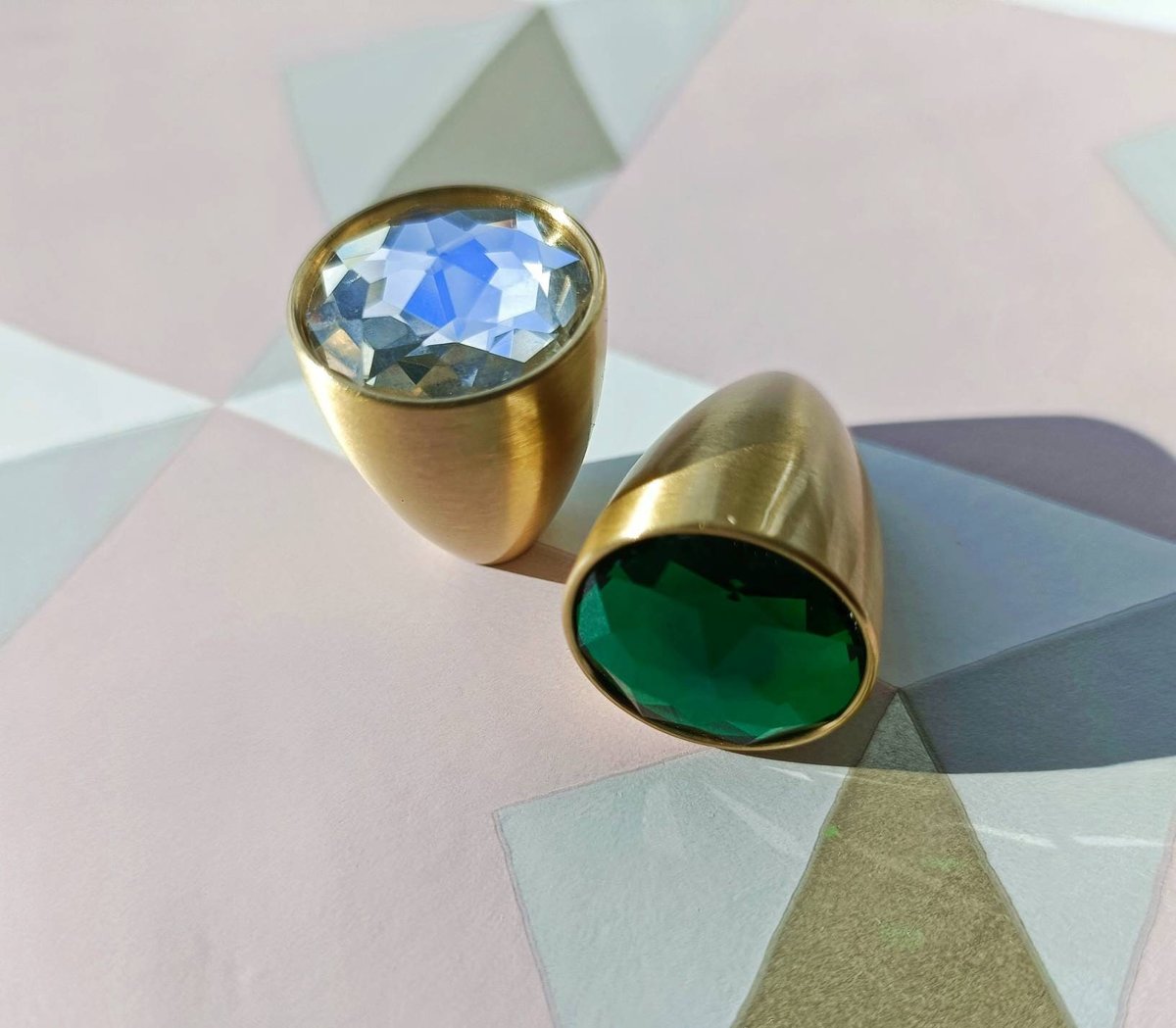 Sparkly green or clear glass crystal and brass cabinet pull/Glittery cone shape door handle/Small crystal drawer knob/Crystal drawer handle