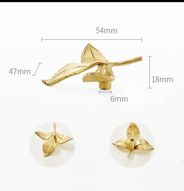 Gold brass leaf sprig cabinet handle/Leaf and stalk shaped drawer pull/Gold brass leaves door knob/brass furniture hardware/Golden leaves