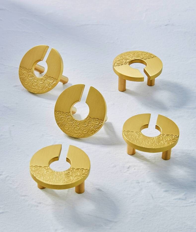 Round wave pattern drawer handle/Gold brass cabinet pull with sea pattern/Gold Brass door knob/Gold furniture hardware/Oriental style handle