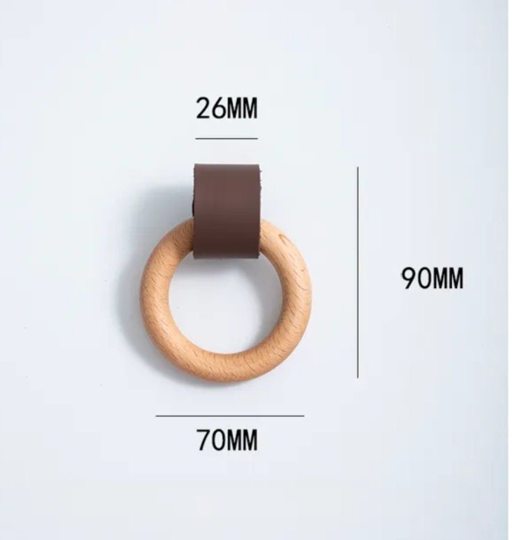 Leather and wooden ring drawer knob/Retro style leather and wood drawer handle/Leather and Wood cabinet pull/Mid century modern drawer pull