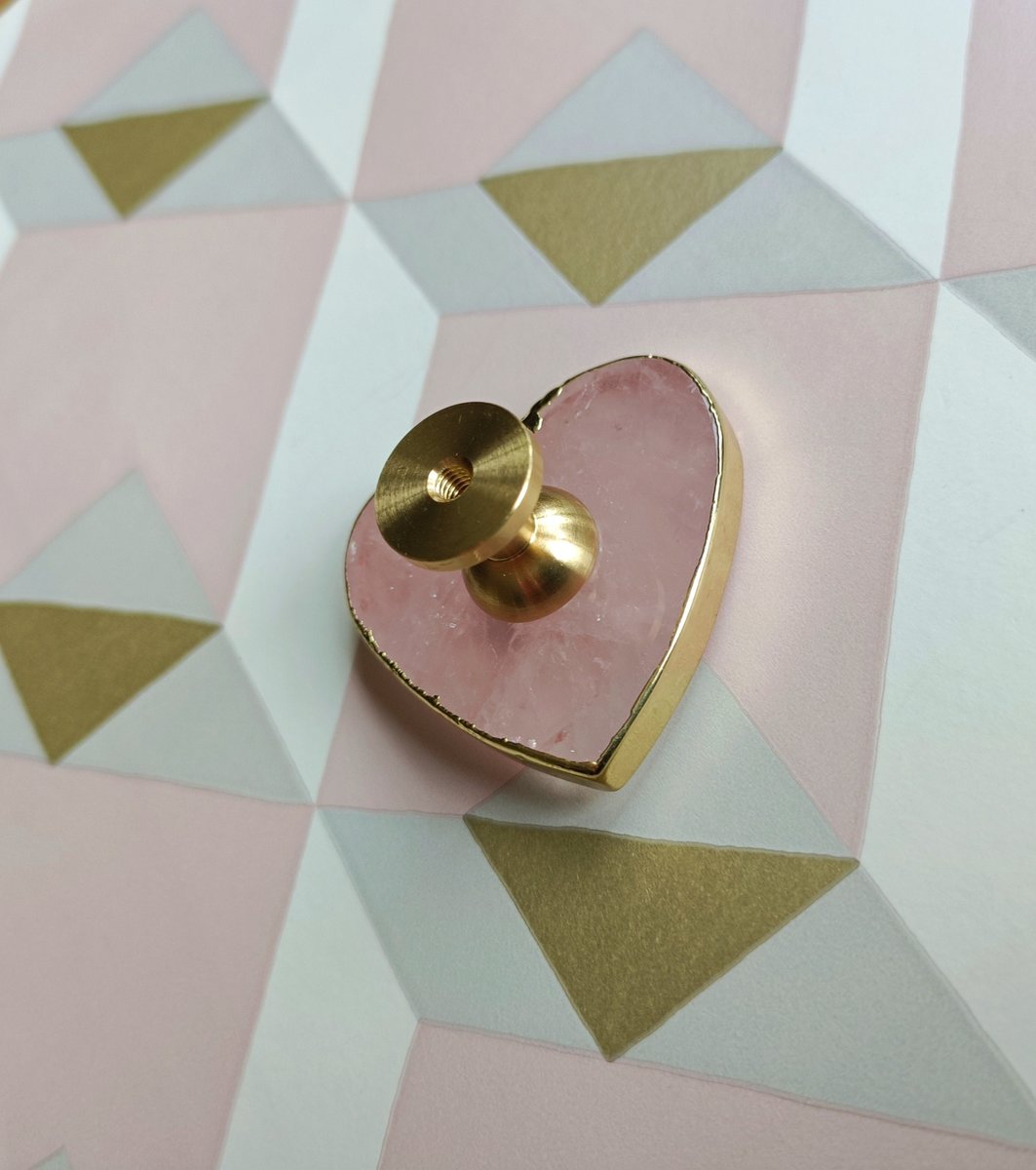 Heart shape rose quartz crystal and brass cabinet handle/Heart shaped gemstone drawer handle/Heart shaped pink crystal door handle