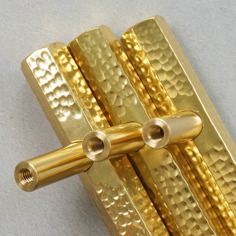 Hand finished hammered brass hexagonal cabinet bar handle/Gold dimpled shiny brass hexagonal drawer pull/Solid brass geometric door handle