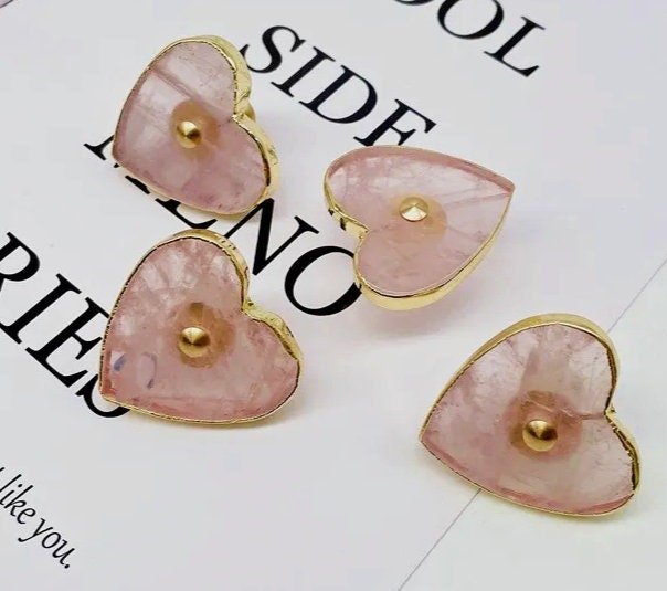 Heart shape rose quartz crystal and brass cabinet handle/Heart shaped gemstone drawer handle/Heart shaped pink crystal door handle