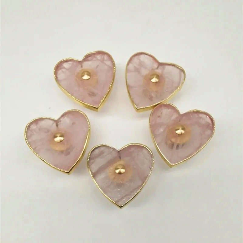 Heart shape rose quartz crystal and brass cabinet handle/Heart shaped gemstone drawer handle/Heart shaped pink crystal door handle