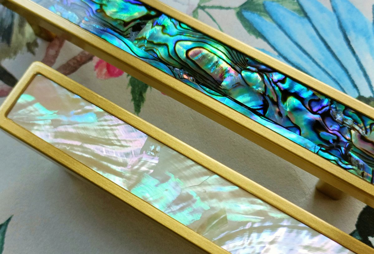 Rainbow abalone shell drawer pull/Pearl cabinet pull/Mother of pearl door handle/Iridescent Drawer handle/Pearl and brass furniture hardware