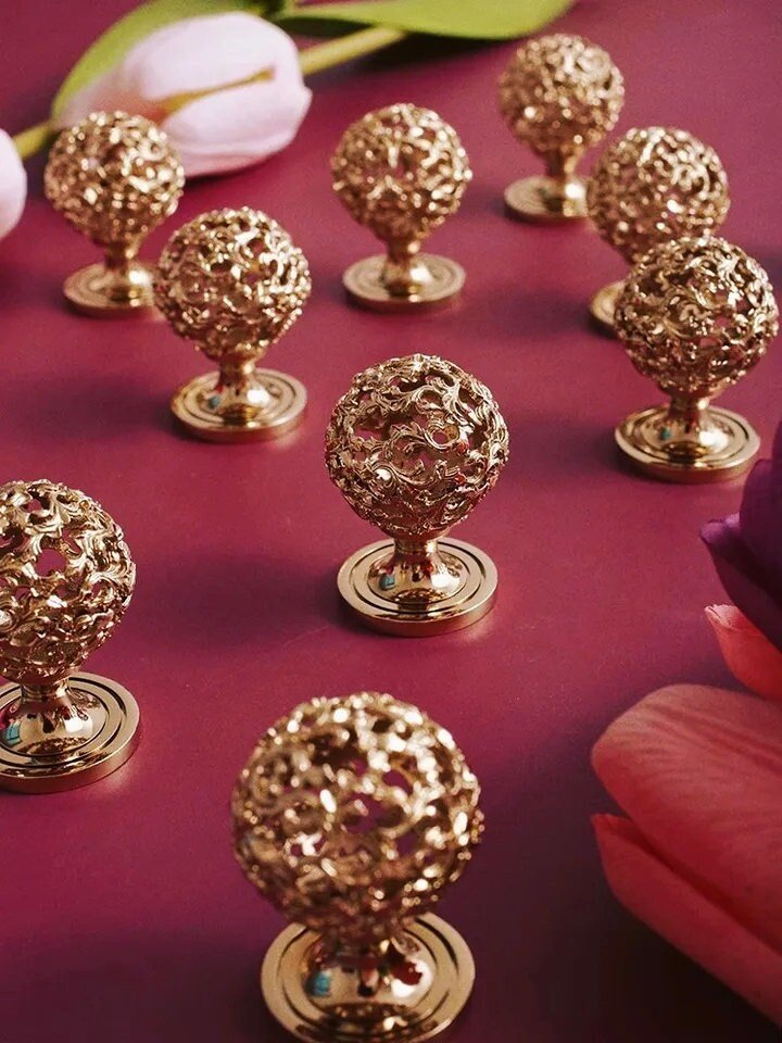 Ornate hollow brass drawer knob/Gold and silver decorative cabinet pull/Regency style door handle/Brass furniture hardware/Rocco drawer pull