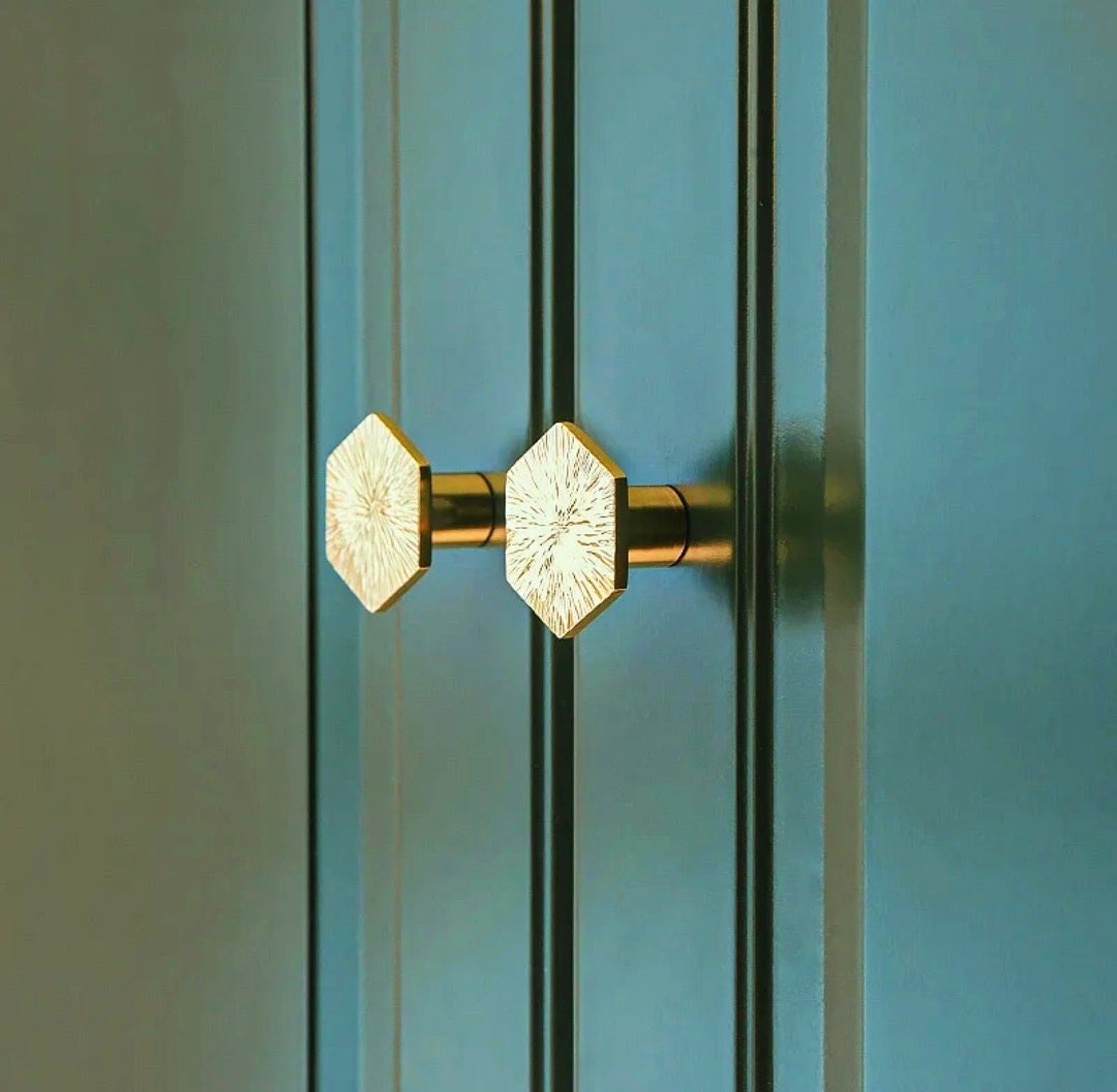 Solid brass scored texture hexagonal drawer pull/hexagonal cabinet handle/geometric door knob/Gold brass furniture hardware/hexagonal handle