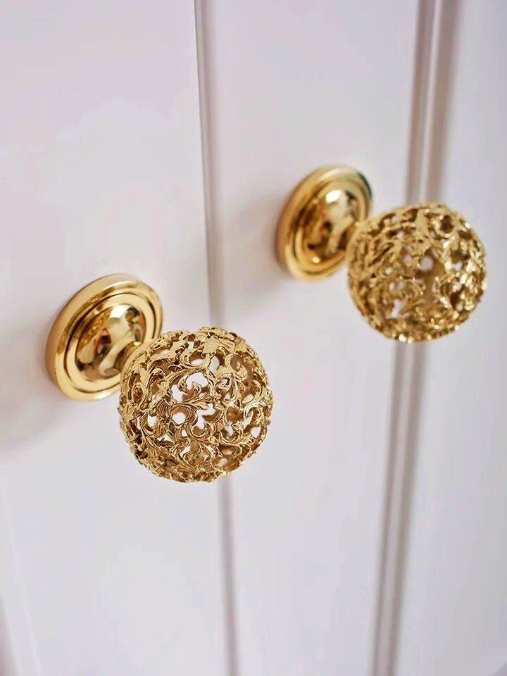 Ornate hollow brass drawer knob/Gold and silver decorative cabinet pull/Regency style door handle/Brass furniture hardware/Rocco drawer pull