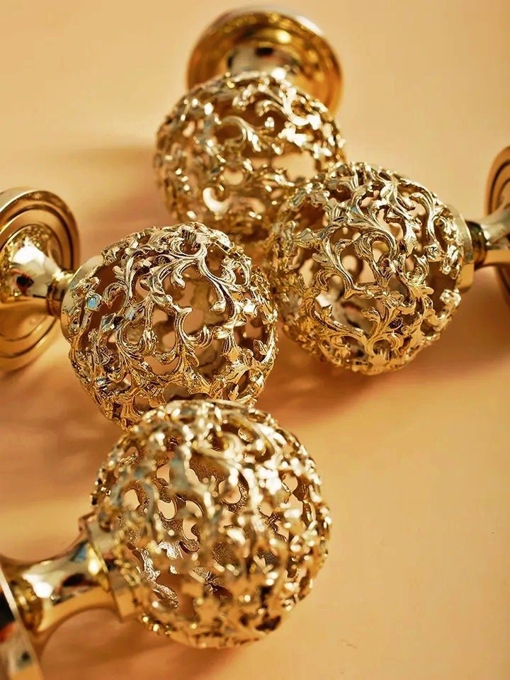 Ornate hollow brass drawer knob/Gold and silver decorative cabinet pull/Regency style door handle/Brass furniture hardware/Rocco drawer pull