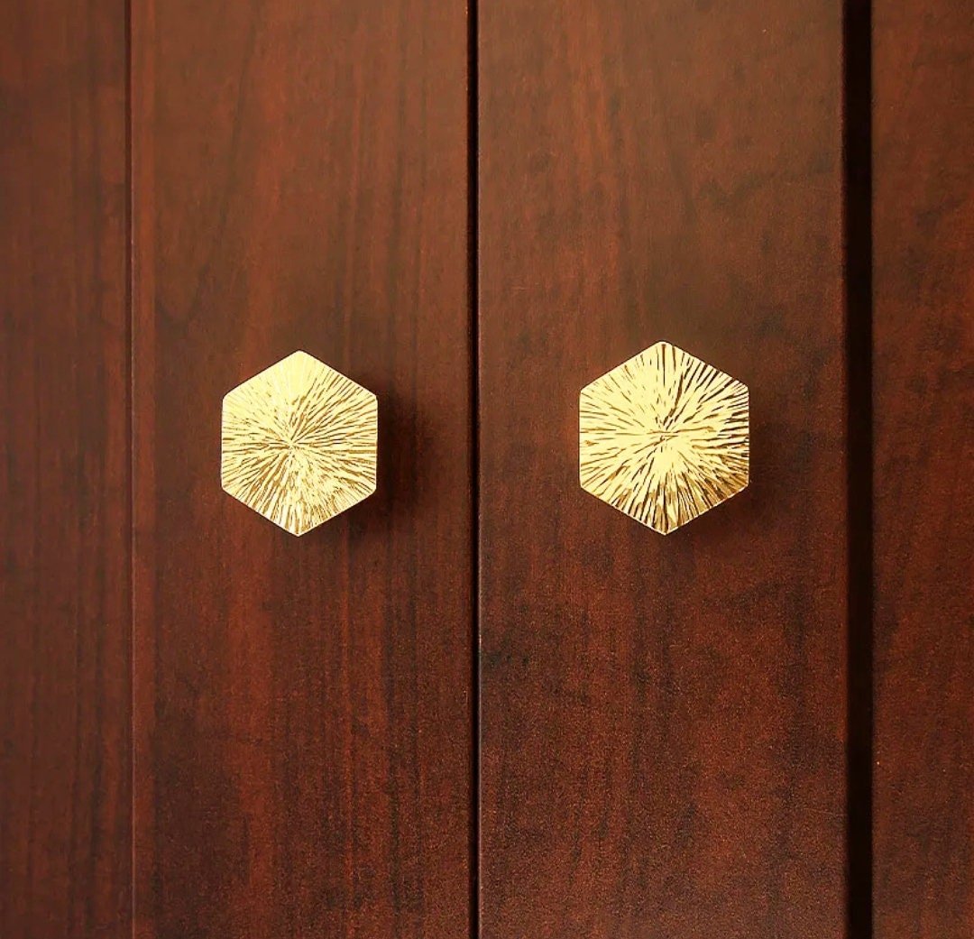 Solid brass scored texture hexagonal drawer pull/hexagonal cabinet handle/geometric door knob/Gold brass furniture hardware/hexagonal handle