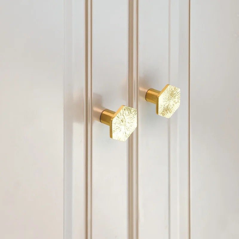 Solid brass scored texture hexagonal drawer pull/hexagonal cabinet handle/geometric door knob/Gold brass furniture hardware/hexagonal handle