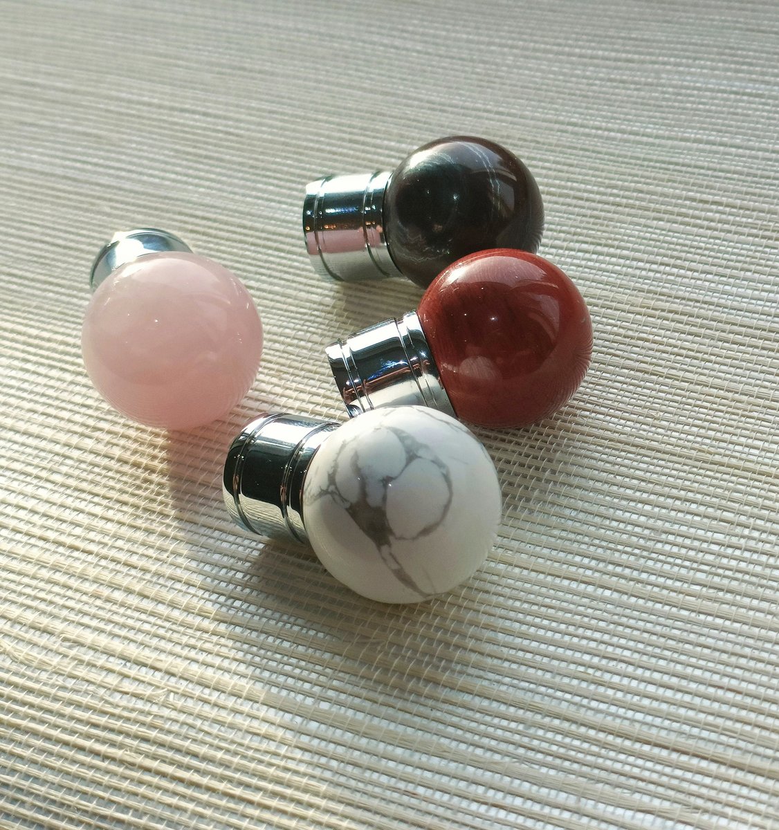 Semi precious stone ball drawer knob/Crystal drawer pull/Round gemstone cabinet handle/Silver door knob/Quartz crystal and silver handle