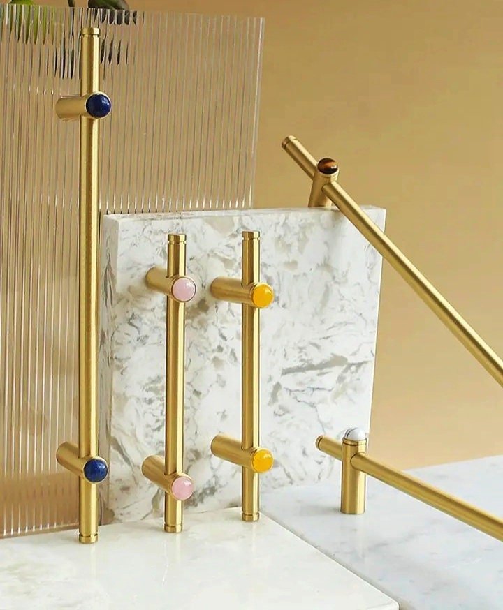 Gold brass and gemstone stud bar handle/Brass and stone drawer pull/Brass hardware for kitchen, bathroom or bedroom/Wardrobe door handle