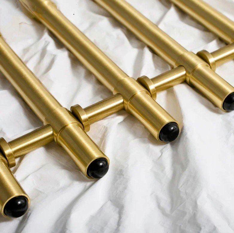 Gold brass and black obsidian crystal drawer handle/Black crystal and gold brass cabinet pull/Luxury hardware/Gemstone and brass door handle