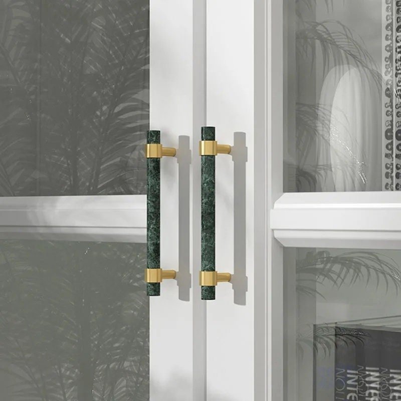 Dark Green Verde marble and brass cabinet pull/Green marble and gold brass drawer pull/green marble cabinet handle/modern stone hardware