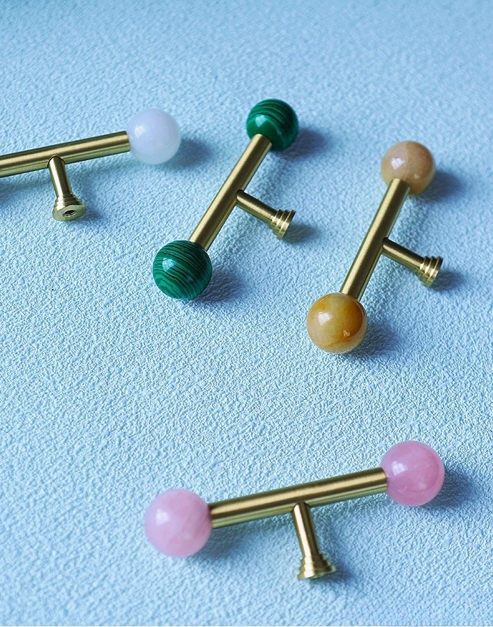 Gold brass bar handle with semi precious stone ball ends/Colourful cabinet handle/Stone furniture hardware/crystal drawer pull/Cabinet pull