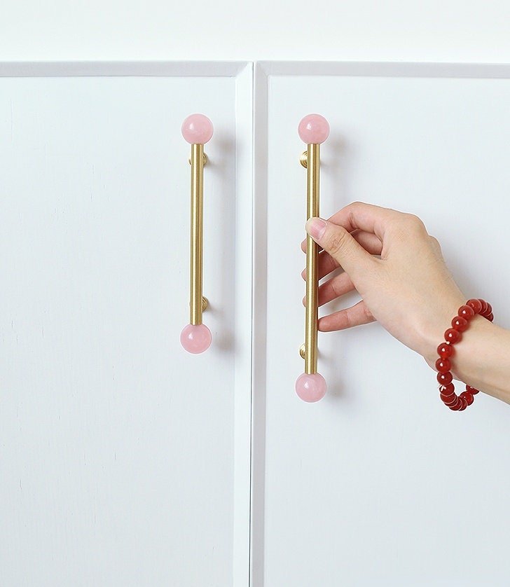 Gold brass bar handle with semi precious stone ball ends/Colourful cabinet handle/Stone furniture hardware/crystal drawer pull/Cabinet pull
