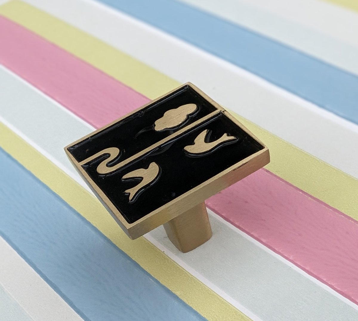 Brass and enamel drawer handle/Black and gold cabinet pull/Bird door knob/nursery furniture hardware/Unusual door handle/Dresser door knob