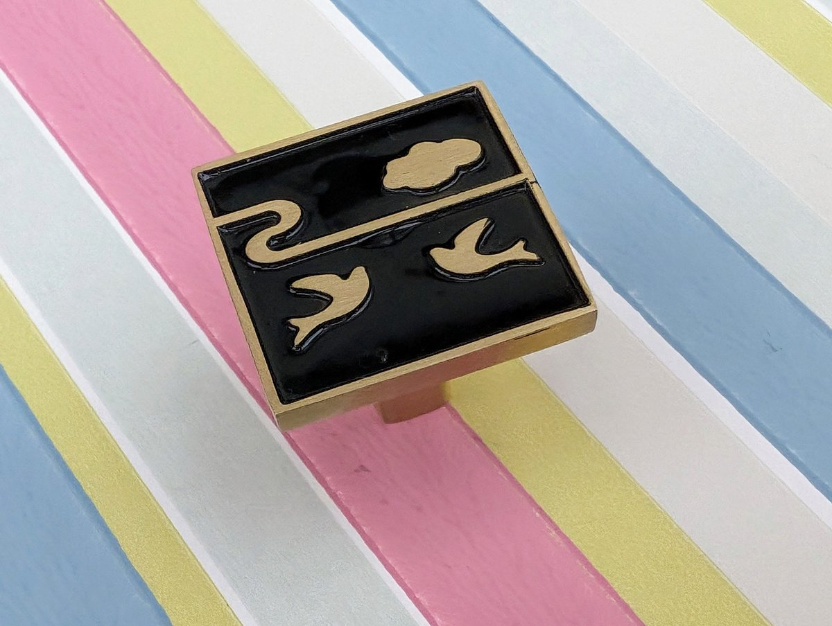 Brass and enamel drawer handle/Black and gold cabinet pull/Bird door knob/nursery furniture hardware/Unusual door handle/Dresser door knob