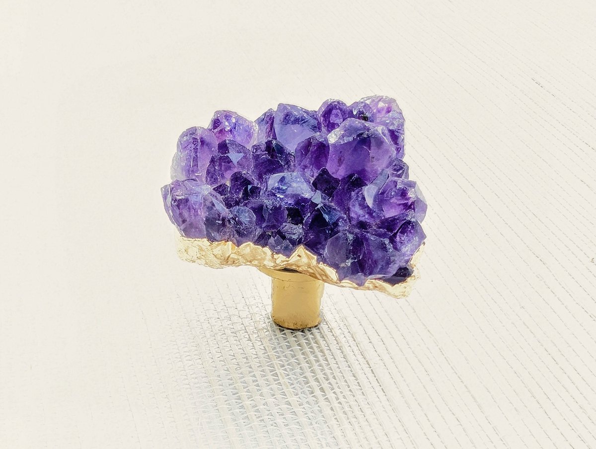 Natural Irregular shaped purple Amethyst drawer handle/Rough cut quartz crystal and gold brass cabinet pull/Gemstone door knob/geode handle