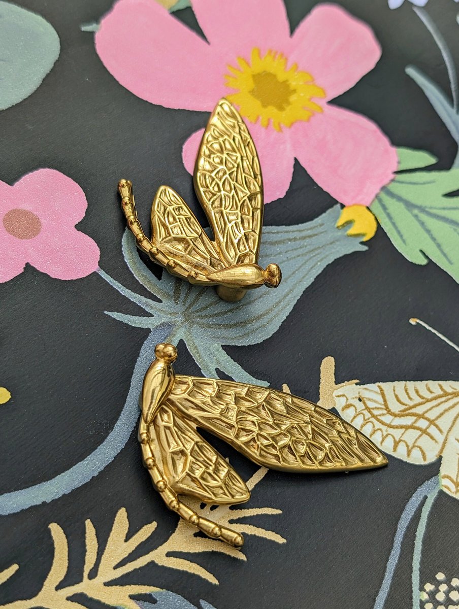 A pair of dragonfly cabinet pull/Dragonfly drawer knobs/Dragonfly drawer handle/brass furniture hardware/home improvement/Gold Door handles