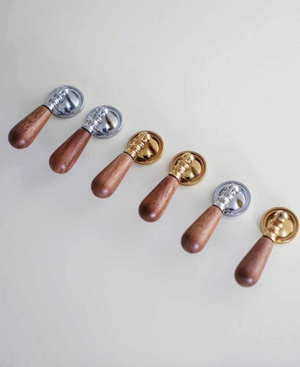 Walnut wood and brass drop handle/Wooden drop drawer pull/Gold or silver cabinet pull/Wooden furniture hardware/Dresser door knob