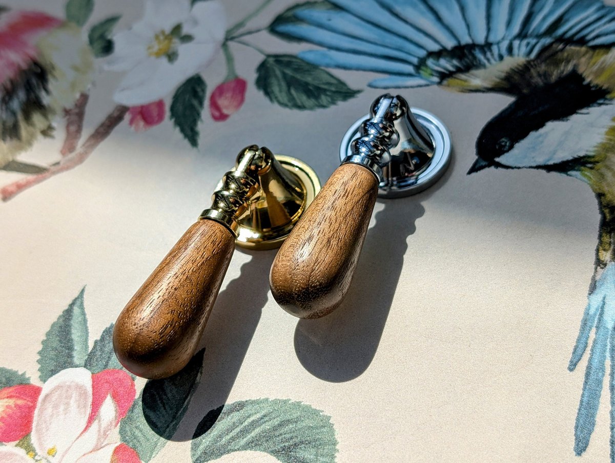 Walnut wood and brass drop handle/Wooden drop drawer pull/Gold or silver cabinet pull/Wooden furniture hardware/Dresser door knob