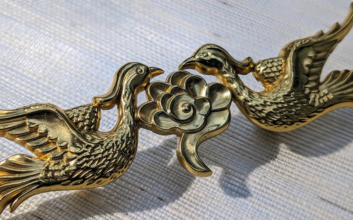 Gold brass phoenix cabinet pull/Gold bird and cloud drawer handle/Brass birds and cloud door handle/Brass furniture hardware/Unique handles