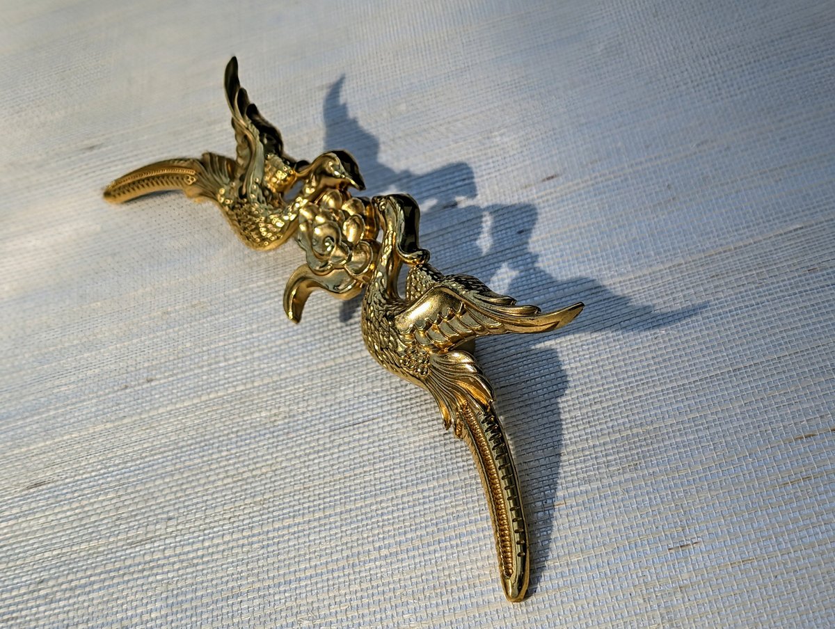 Gold brass phoenix cabinet pull/Gold bird and cloud drawer handle/Brass birds and cloud door handle/Brass furniture hardware/Unique handles