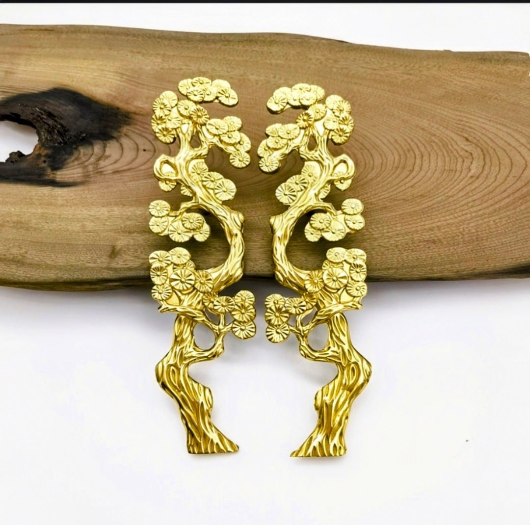 A Pair of cypress tree drawer handles/Gold wardrobe door handles/Large brass cabinet handles/Tree shaped door handles/Furniture hardware