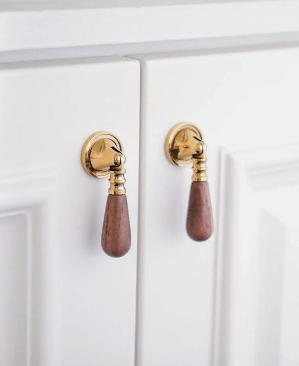 Walnut wood and brass drop handle/Wooden drop drawer pull/Gold or silver cabinet pull/Wooden furniture hardware/Dresser door knob