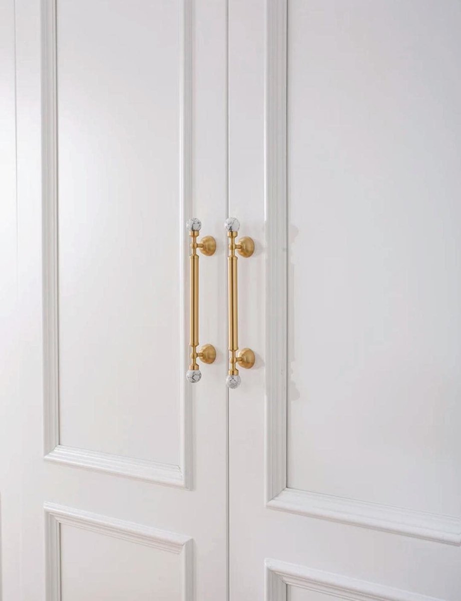 White marble and brass bar handle/Stone and brass drawer pull/unique cabinet handle/IKEA hack/wardrobe door handle/Geometric shaped hardware