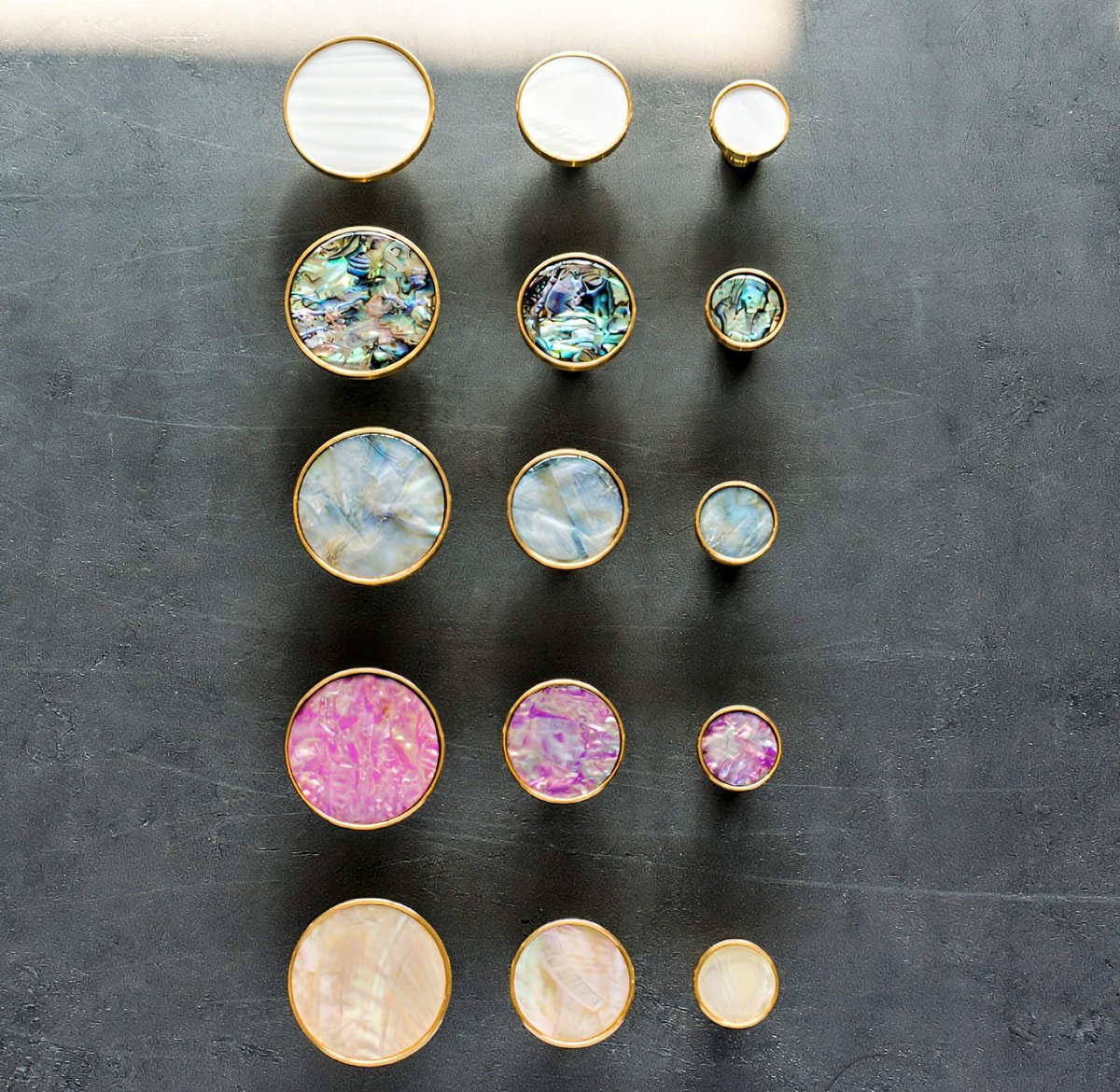 Round pale blue Abalone shell and brass drawer pull/Iridescent blue mother of pearl door handle/Brass round light blue pearl cabinet handle