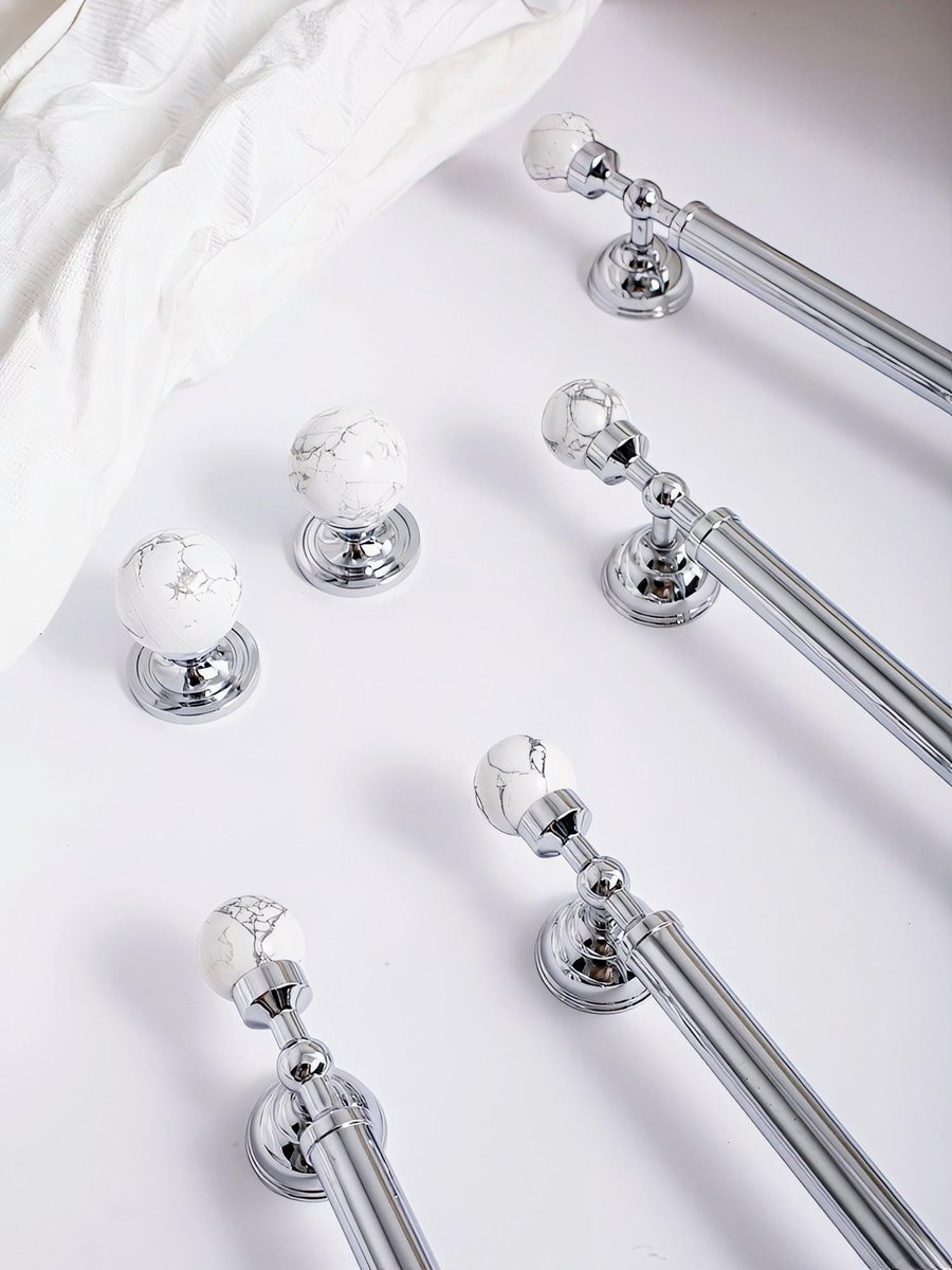 White marble and silver bar handle/Marble and chrome drawer pull/unique cabinet handle/IKEA hack/wardrobe door handle/Geometric hardware