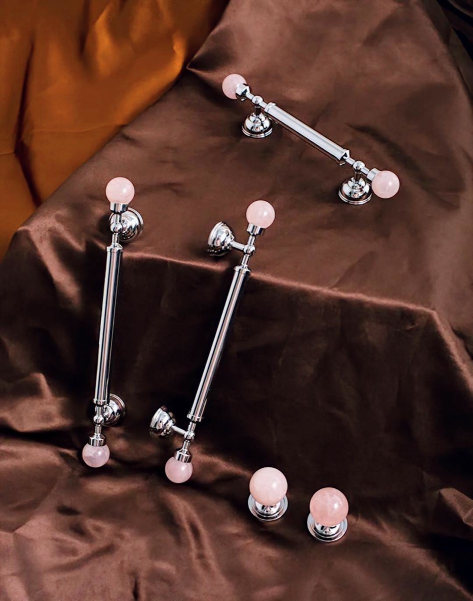 Rose quartz and silver bar handle/Pink crystal and chrome drawer pull/unique cabinet handle/IKEA hack/wardrobe door handle/Crystal hardware